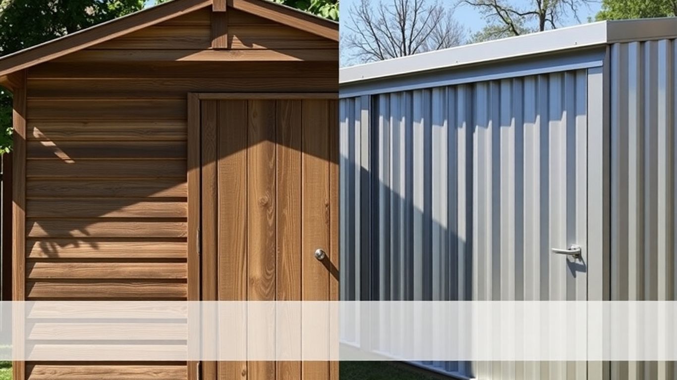 Wooden shed next to a metal shed outdoors.