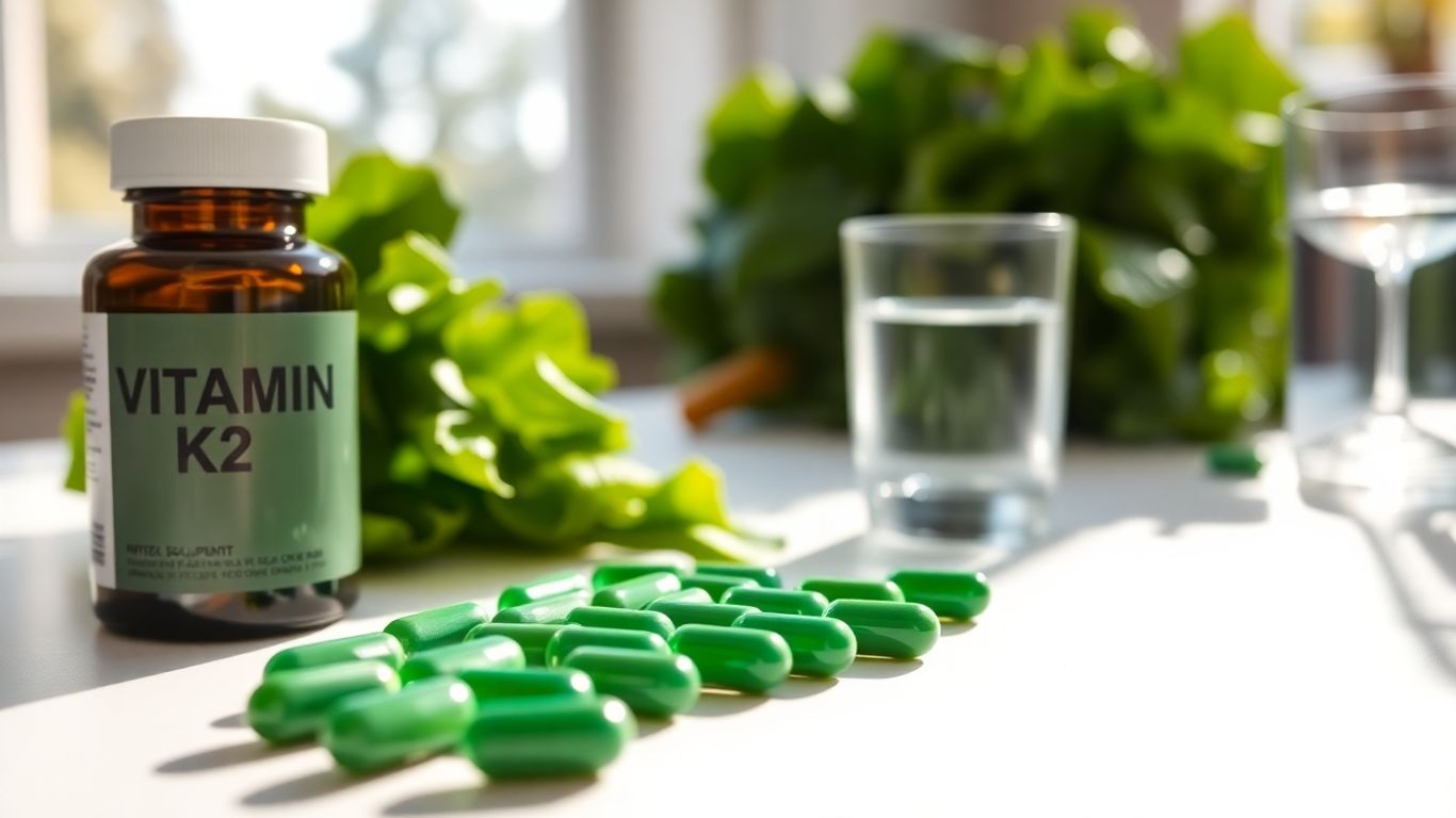 Vitamin K2 and D3 capsules with glass of water