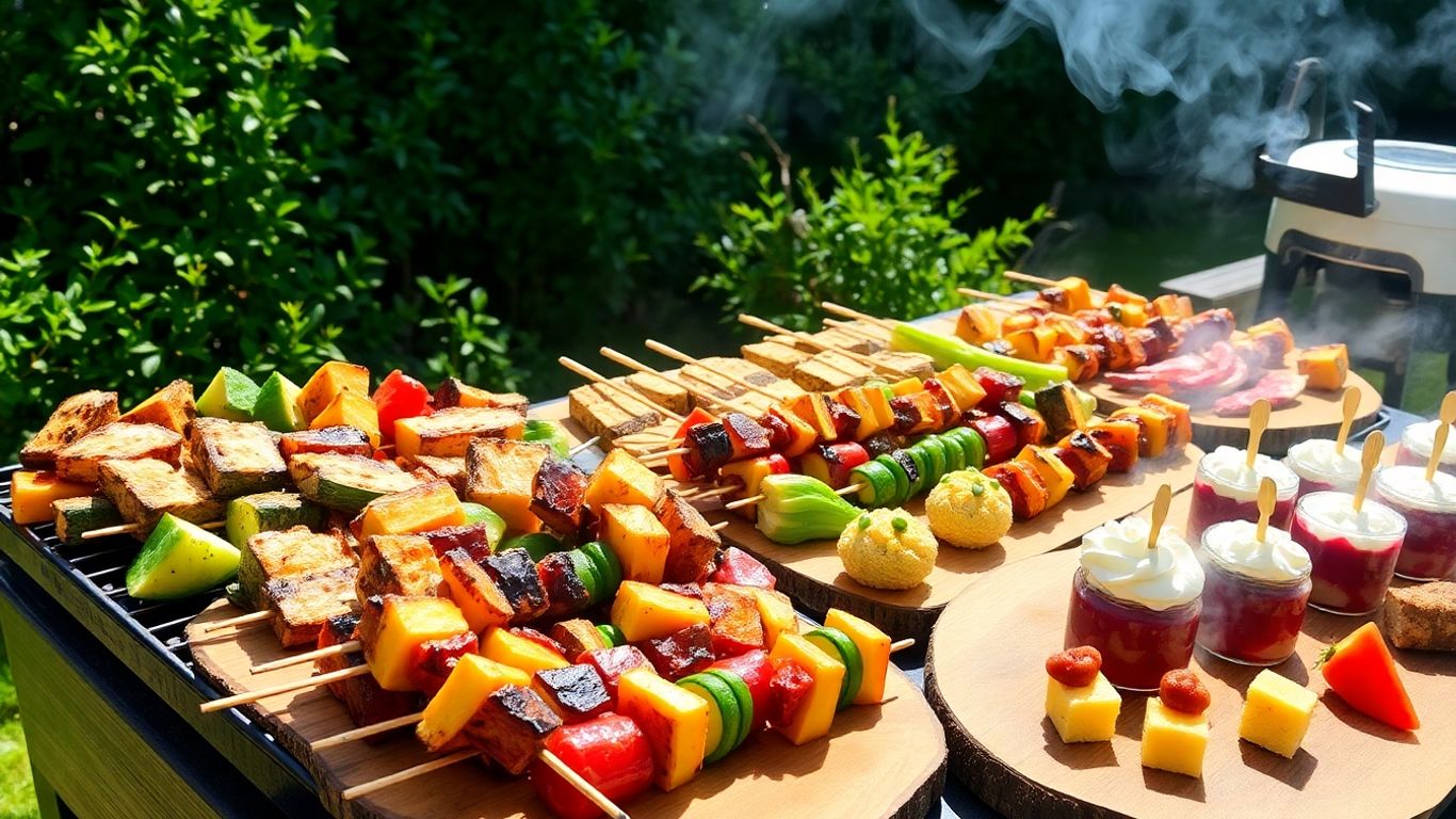 Grilled veggies, cheese, and desserts on outdoor BBQ table.