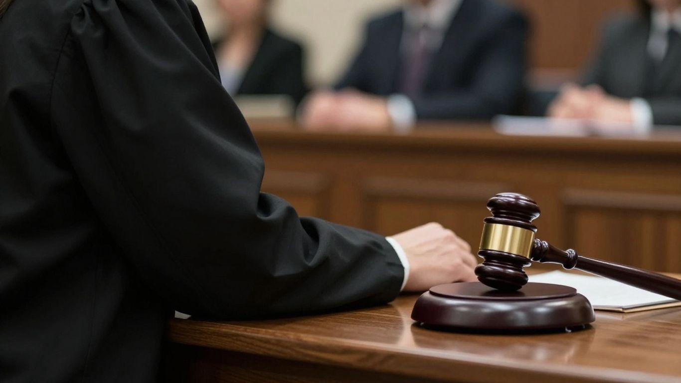 Judge's bench and gavel in a hearing room.