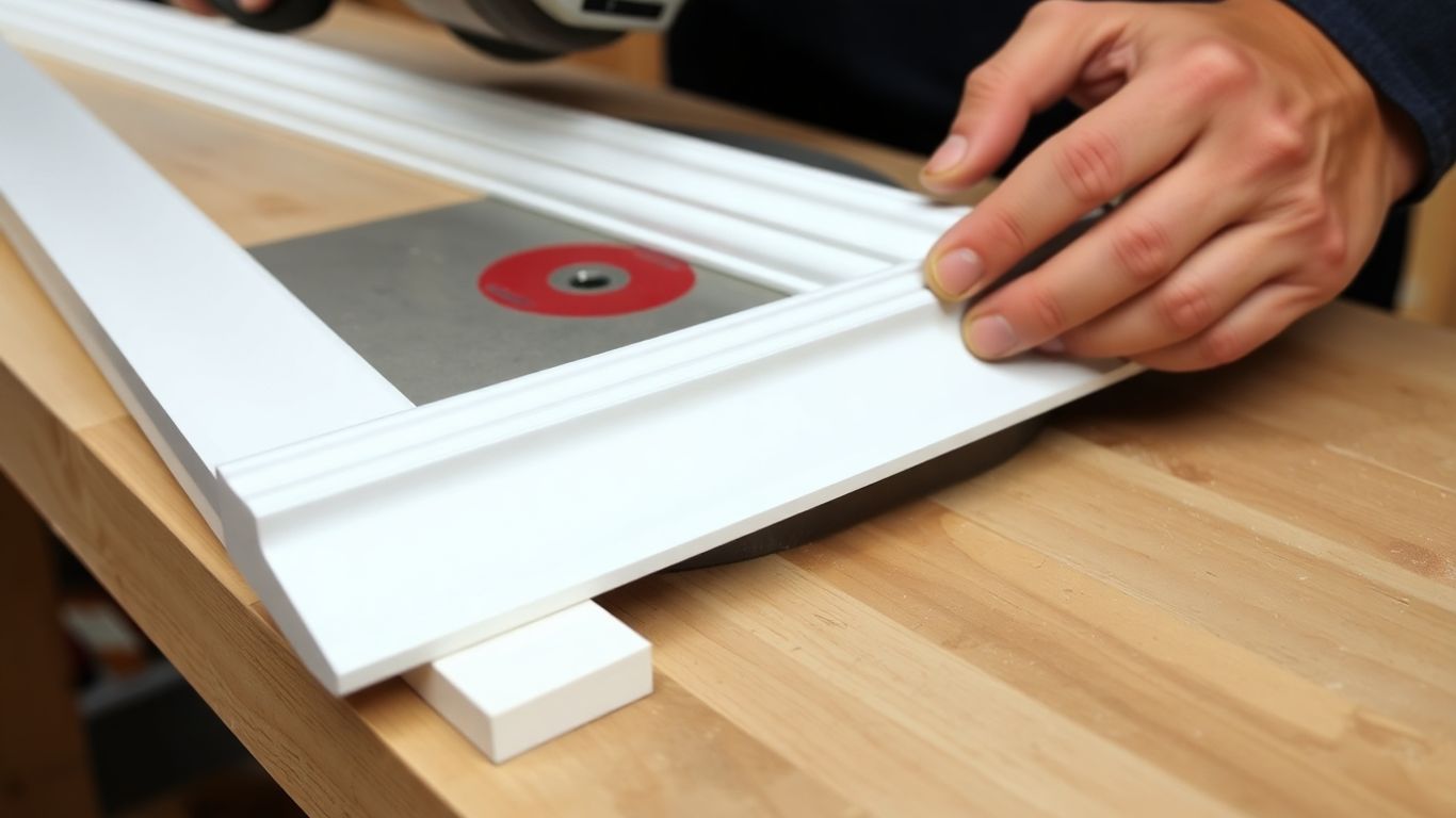 Hands cutting white quarter round trim with miter saw.