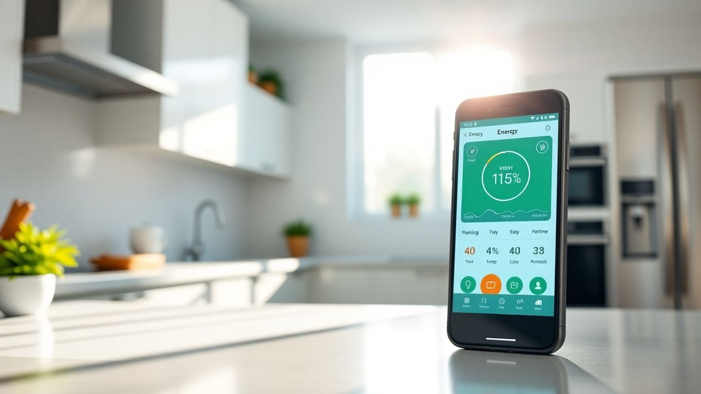 Cucina moderna con applicazione energetica su smartphone appoggiato