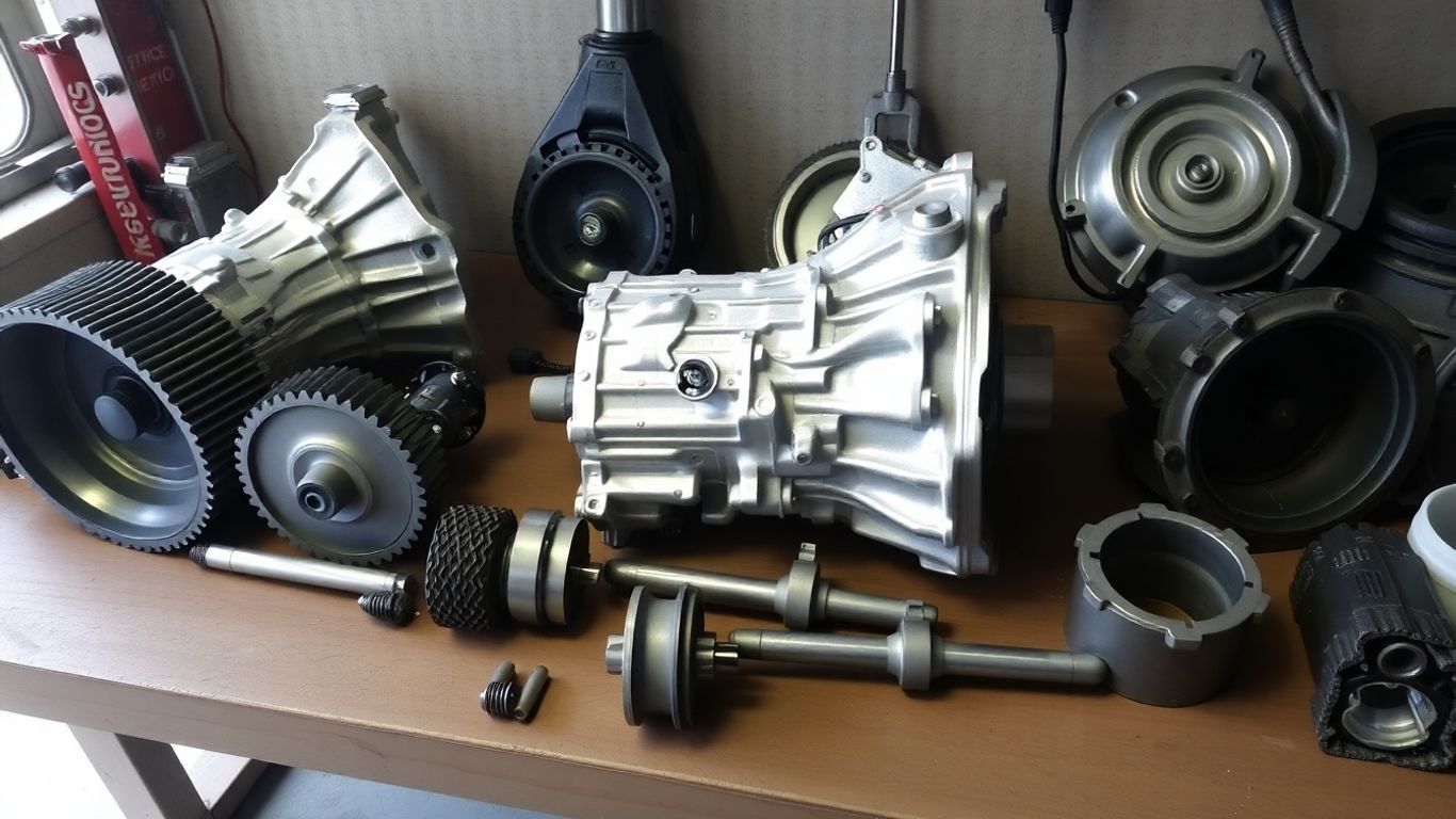 Used Kia transmission parts arranged on a workbench.