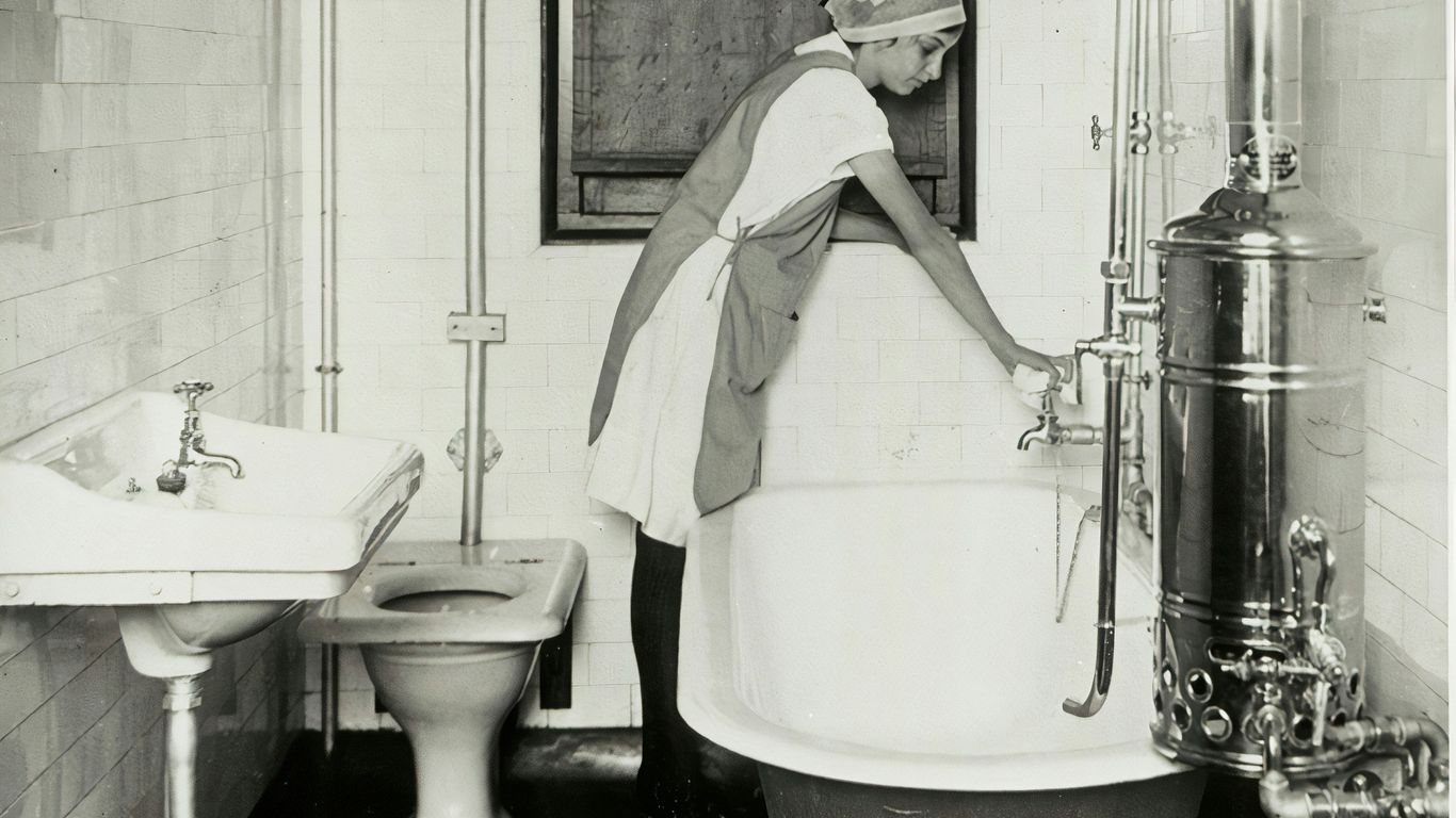 a black and white photo of a woman in a bathroom