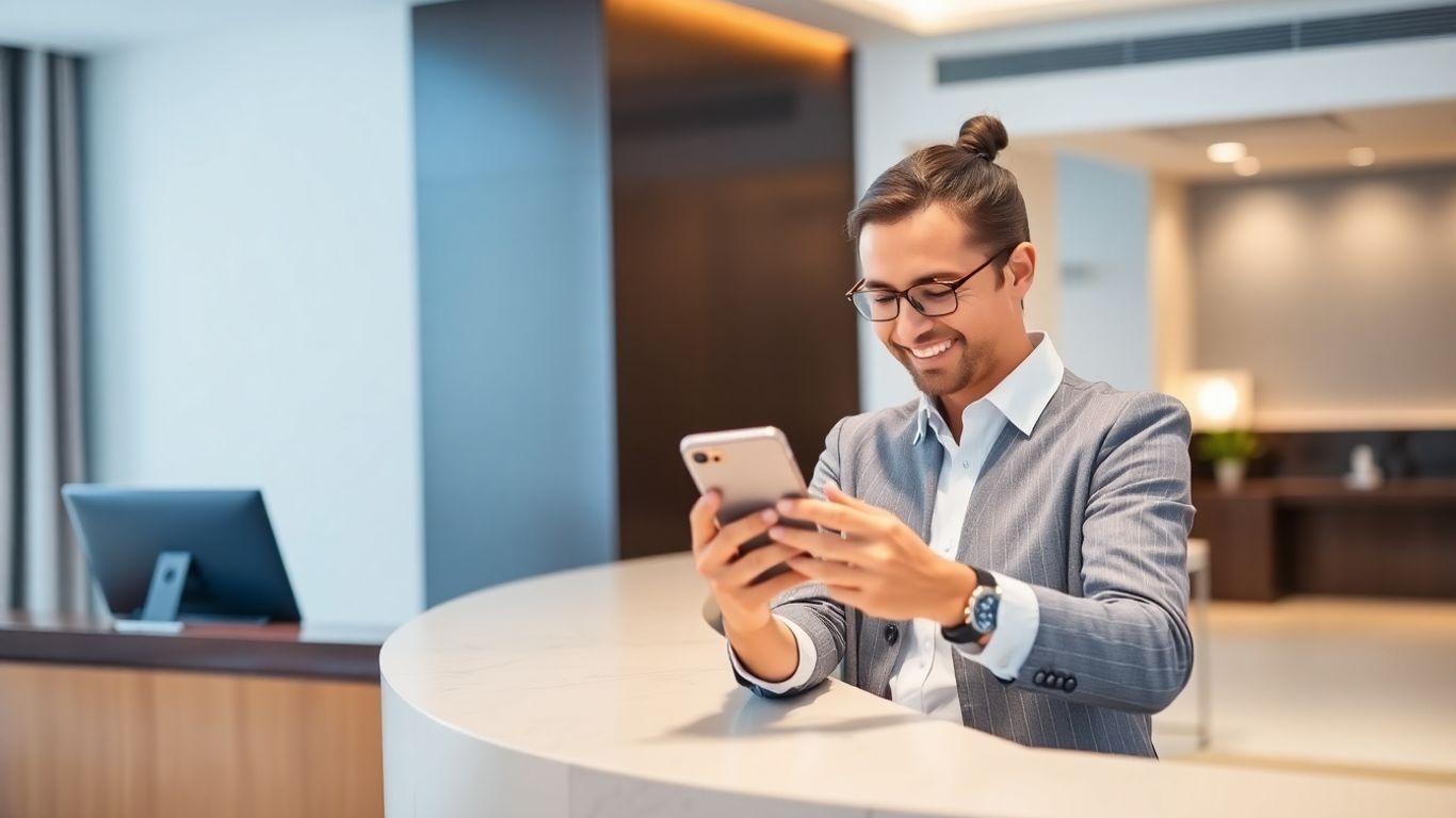 Gost uporablja pametni telefon v hotelu.