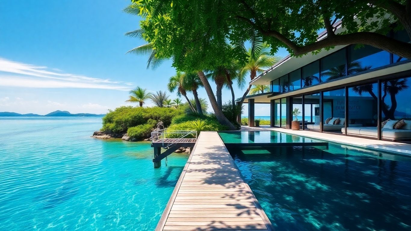 Luxury waterfront villa with private jetty and turquoise sea.