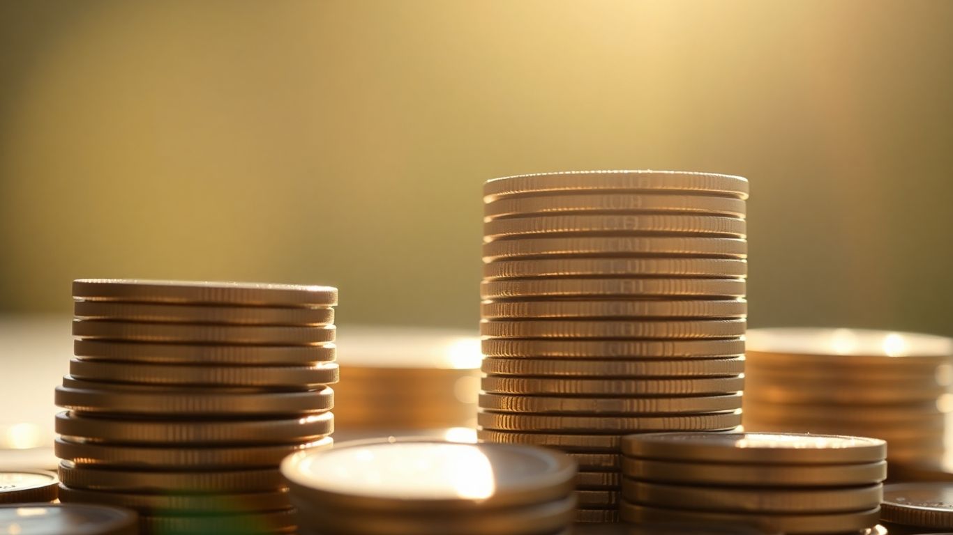 Stack of coins with sunlight, symbolizing financial growth.
