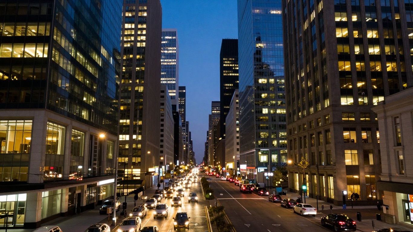 Cityscape at dusk with glowing buildings and car lights.