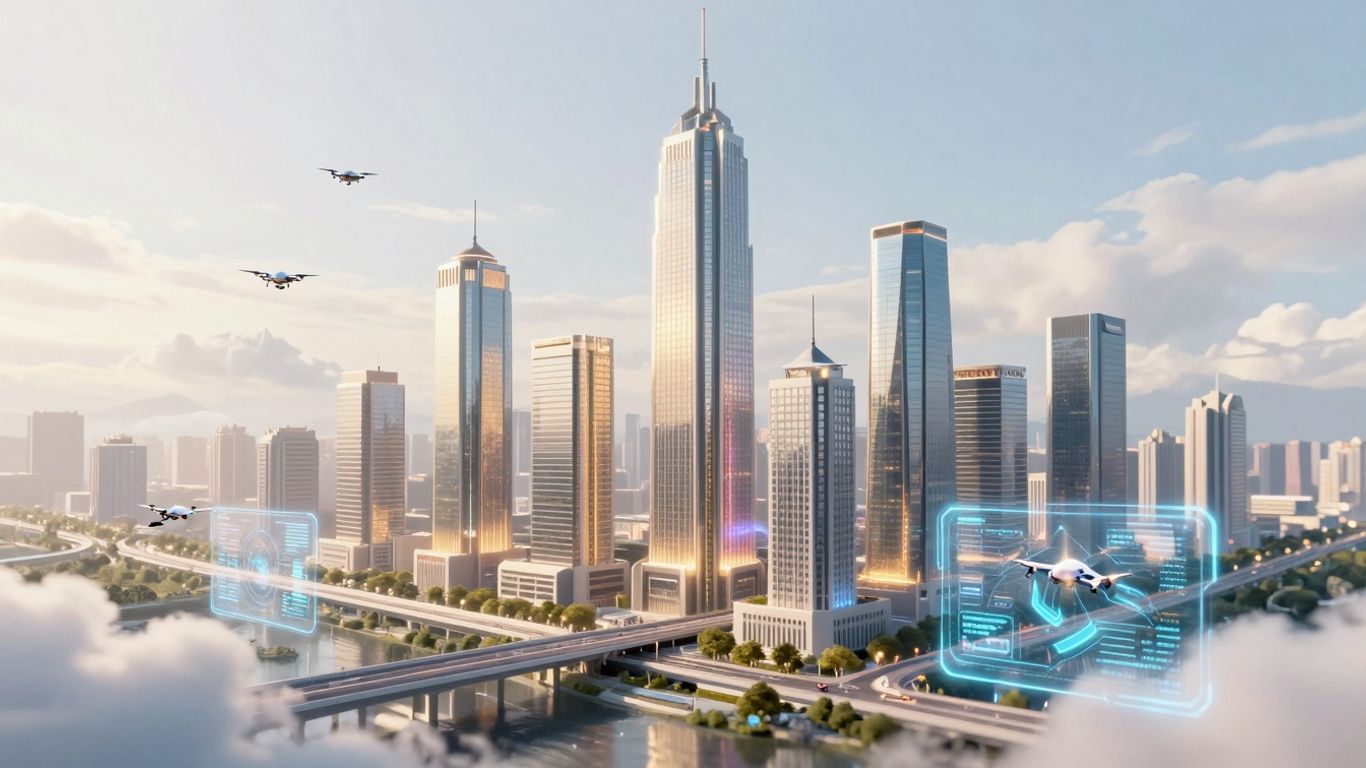 Futuristic cityscape with data streams and drones.