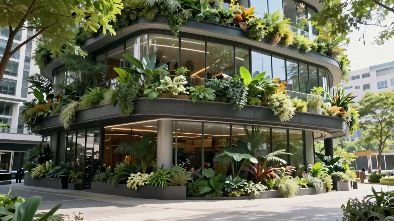 Clădire urbană modernă cu grădini verticale și vegetație luxuriantă.