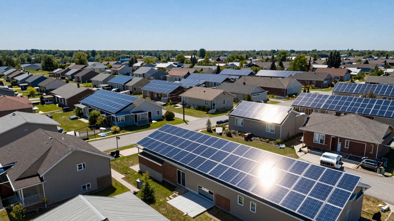 Canadian rooftops covered in solar panels under a sunny sky.