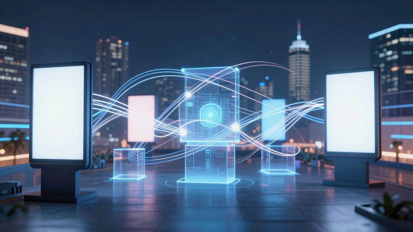 Blockchain and advertising merging in a futuristic cityscape.