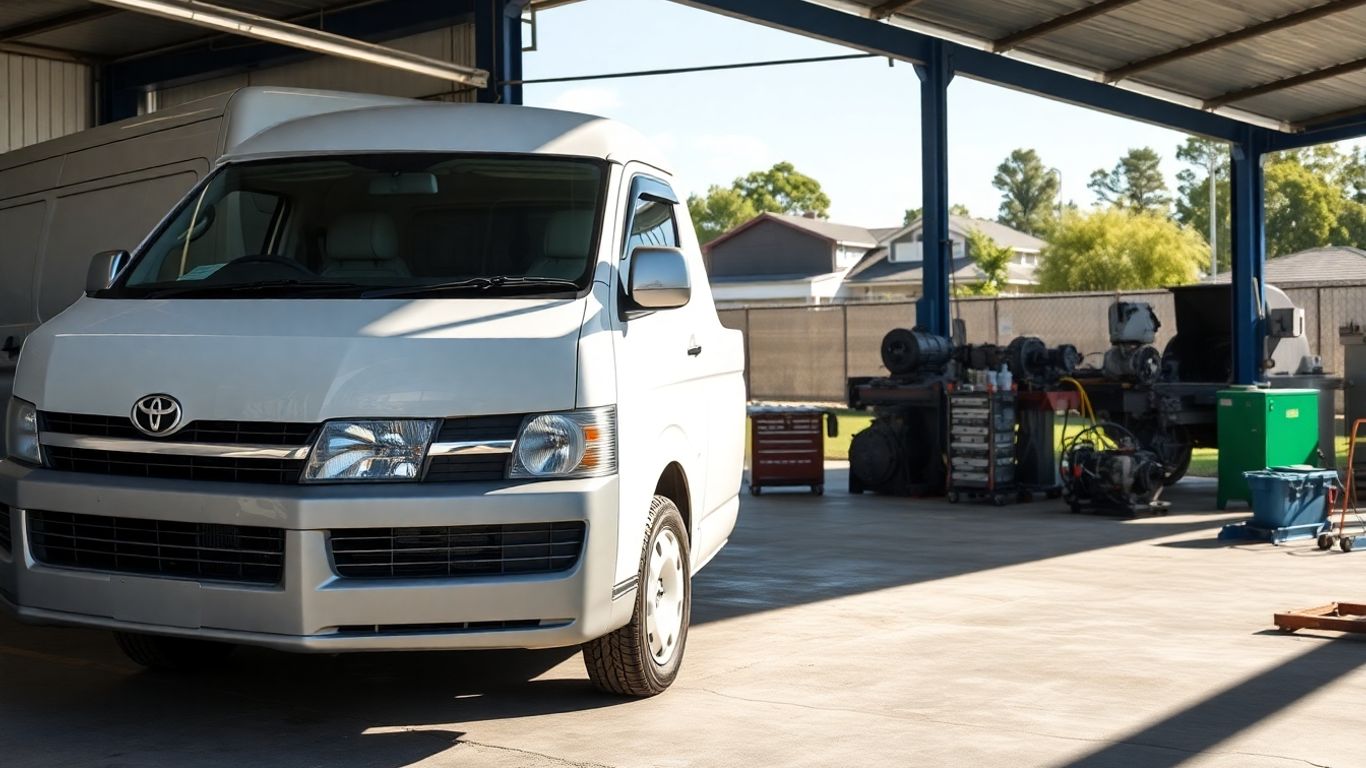 Toyota Hiace van near diesel gearboxes outdoors