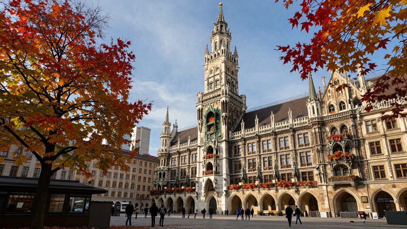 Munich's Marienplatz with autumn colors and historic buildings.