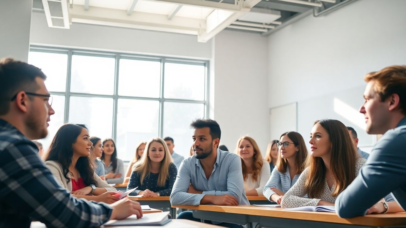 Oameni învățând într-o sală de clasă modernă.