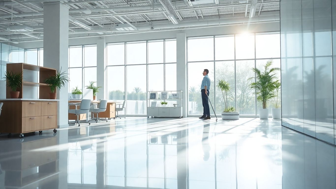 Clean office space with professional cleaning in progress.