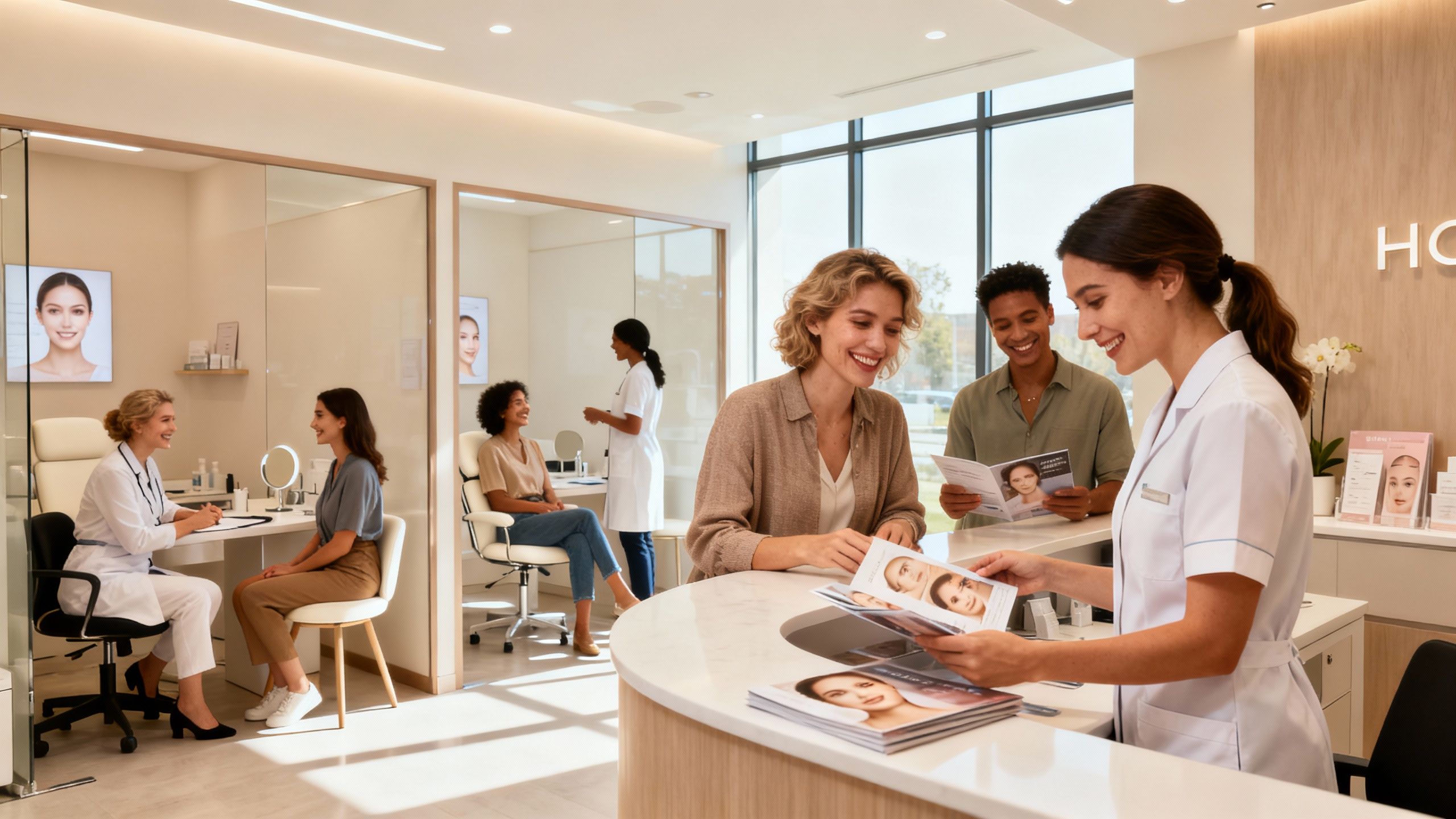 Clients engaging with staff at an aesthetics clinic.