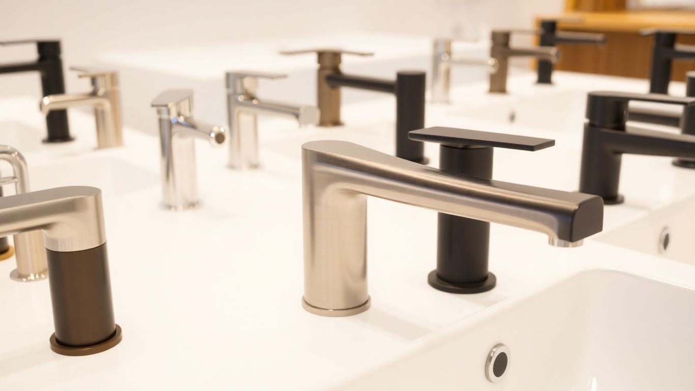 Various modern basin taps with different finishes.