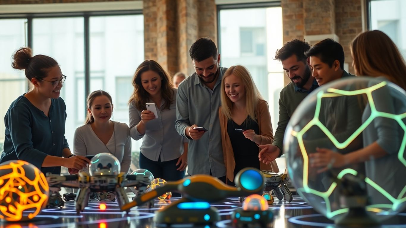 People collaborating on futuristic innovation challenge prototypes.