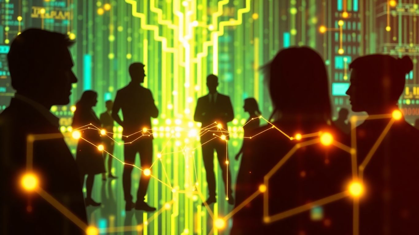 Interconnected digital world with human silhouettes.