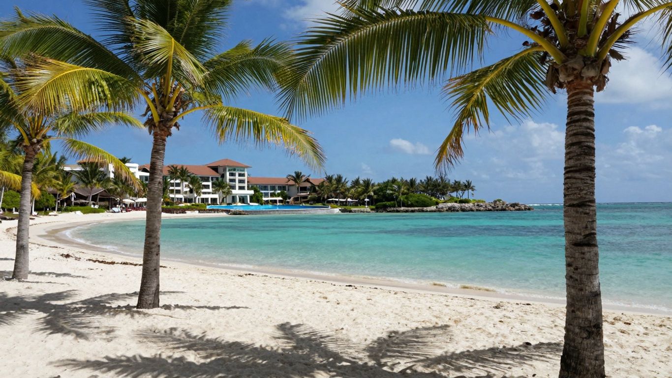 Słoneczna plaża z turkusową wodą i palmami.