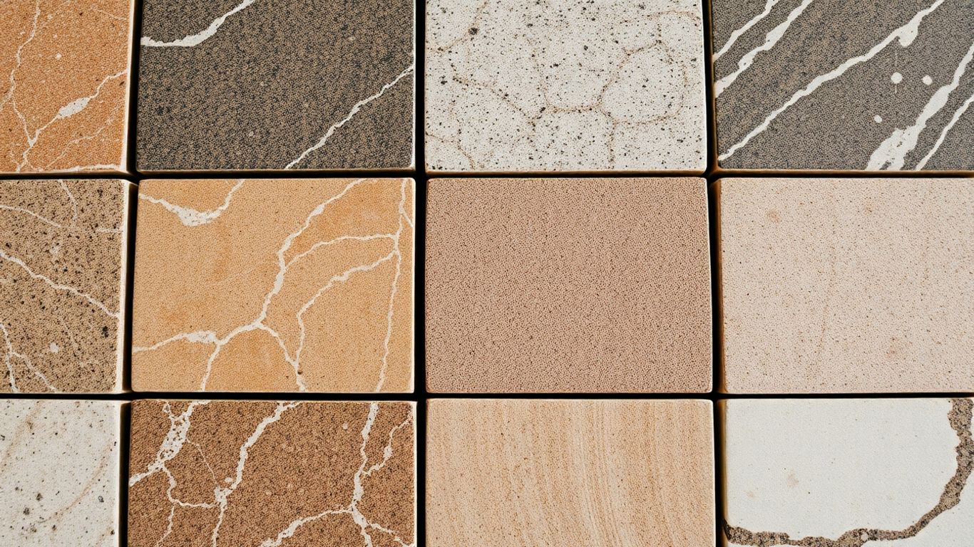 Natural stone tiles with varied textures and colors.