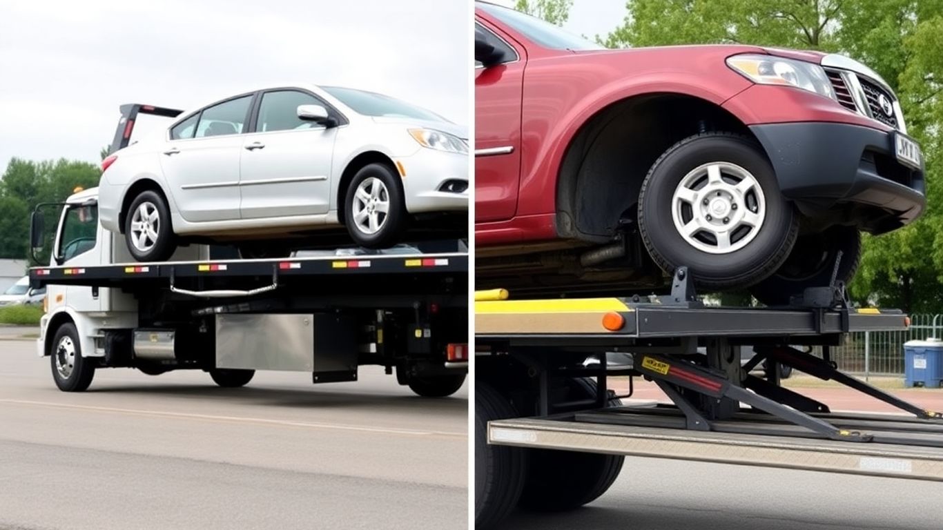 Flatbed and wheel lift tow trucks with vehicles.