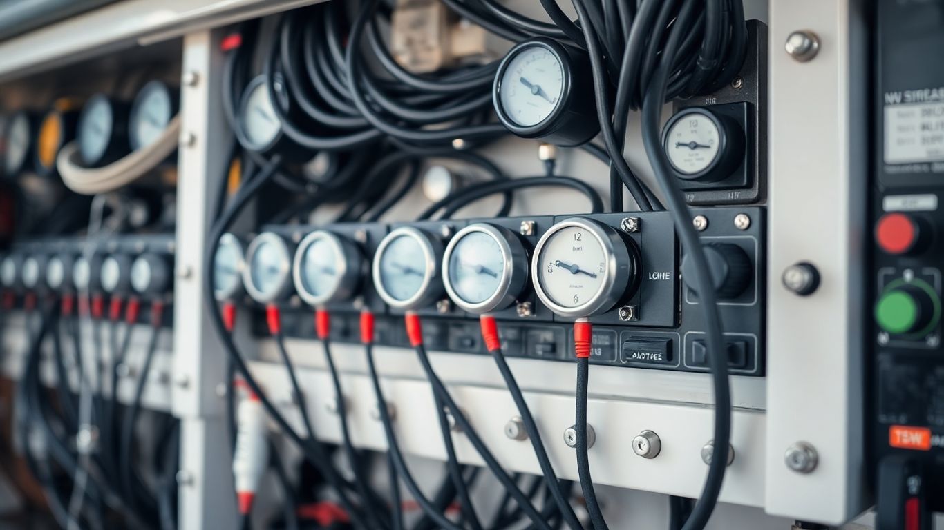 Boat electrical panel with organised wiring and switches.