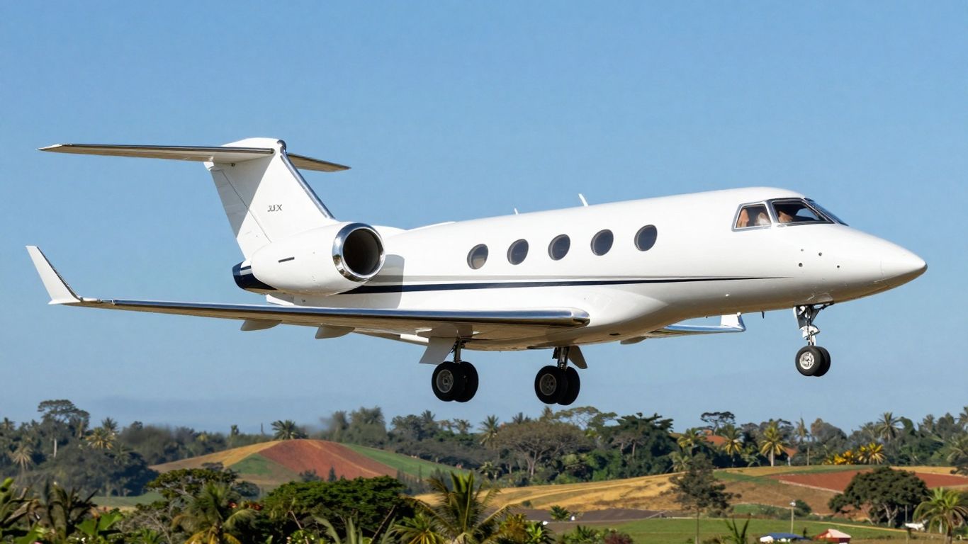 JSX private jet flying over a scenic travel destination.