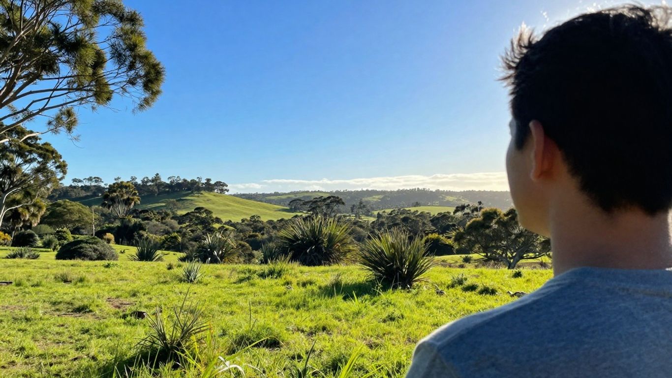 Person looking at sunny Australian landscape