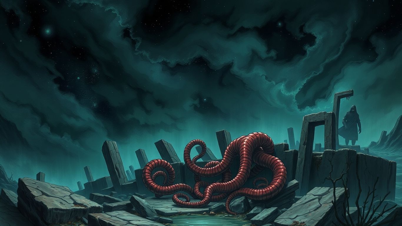 Cosmic horrors and ancient ruins in a game illustration.