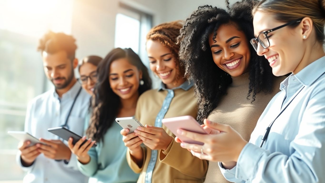 Personas sonriendo usando dispositivos digitales para servicios de seguros.