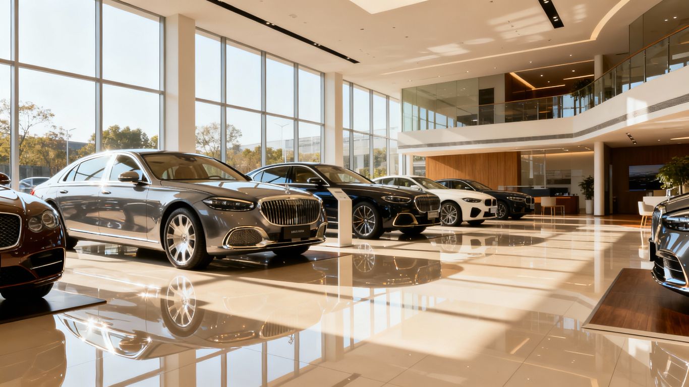 Čistý a moderný interiér autosalónu s lesklou podlahou.