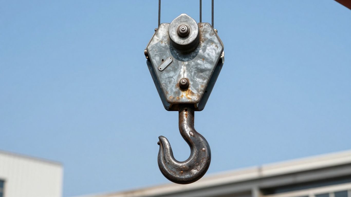 Crane hook against a blue sky.