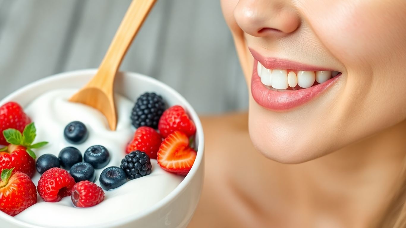 Woman with yogurt, probiotics, and clear healthy skin