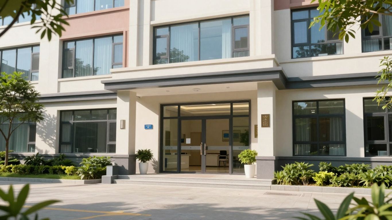 Modern clinic exterior with green landscaping.