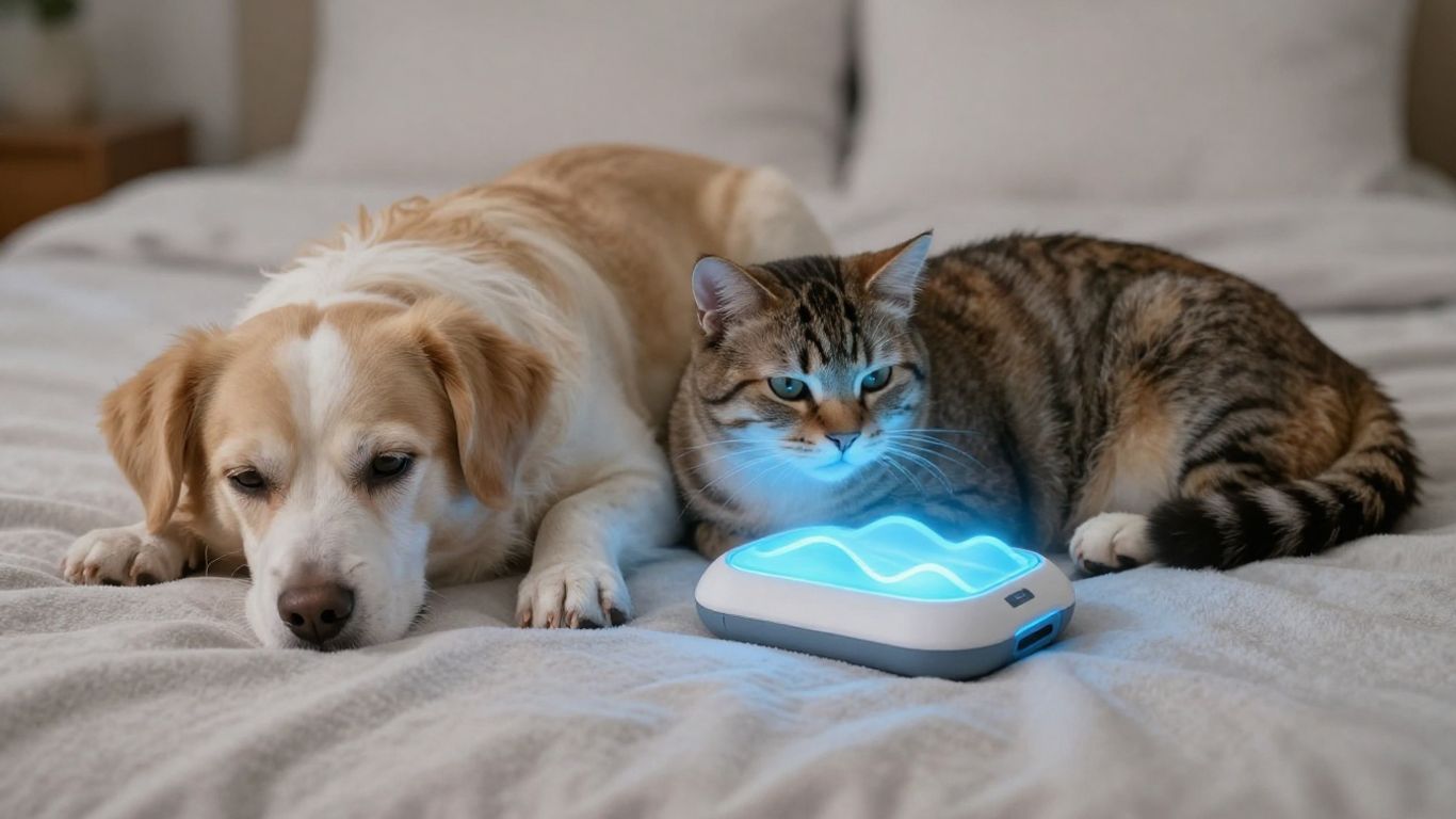 Pets receiving pulsed electromagnetic field therapy.