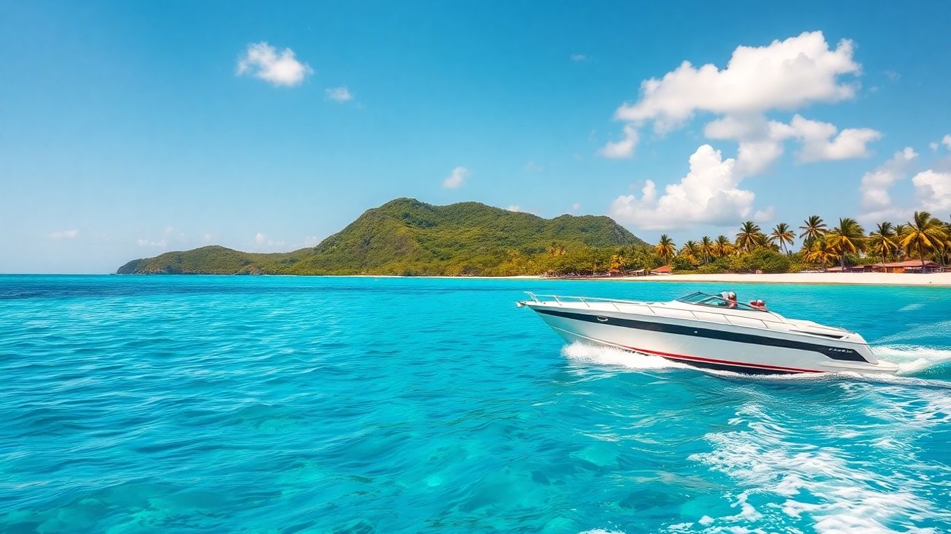 Boat cruising past Caribbean islands under a sunny sky