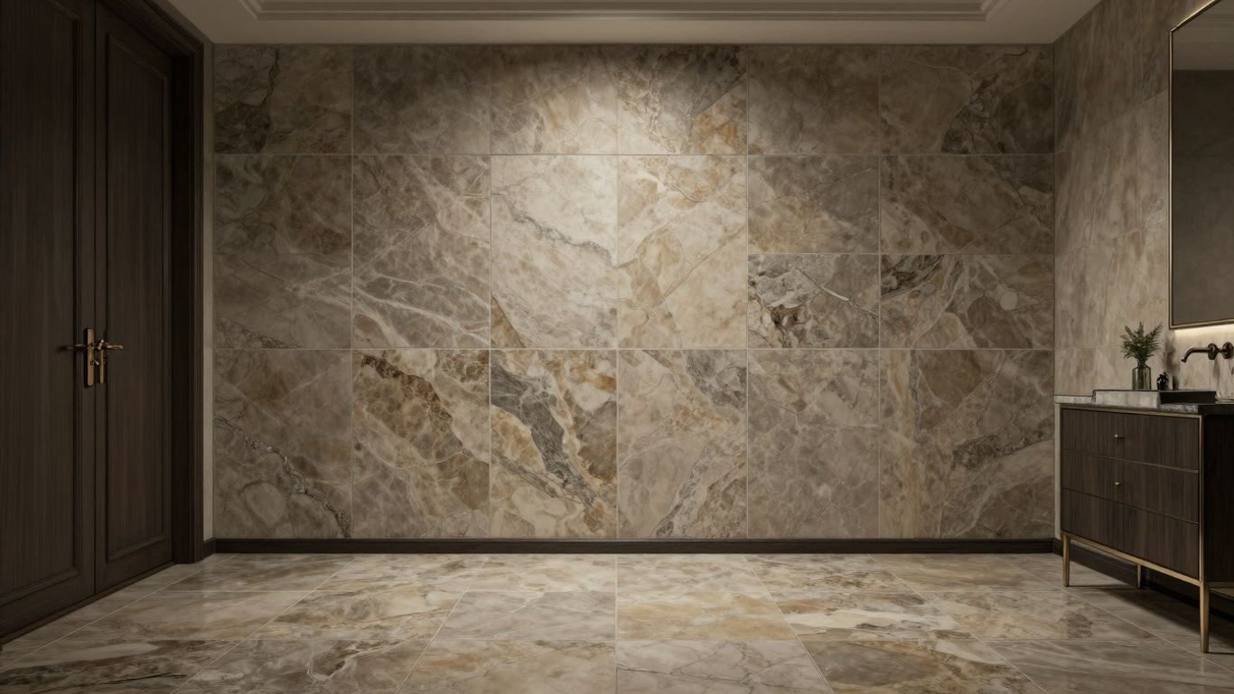 Boceto de interior de hogar elegante con baldosas de porcelana de piedra caliza.