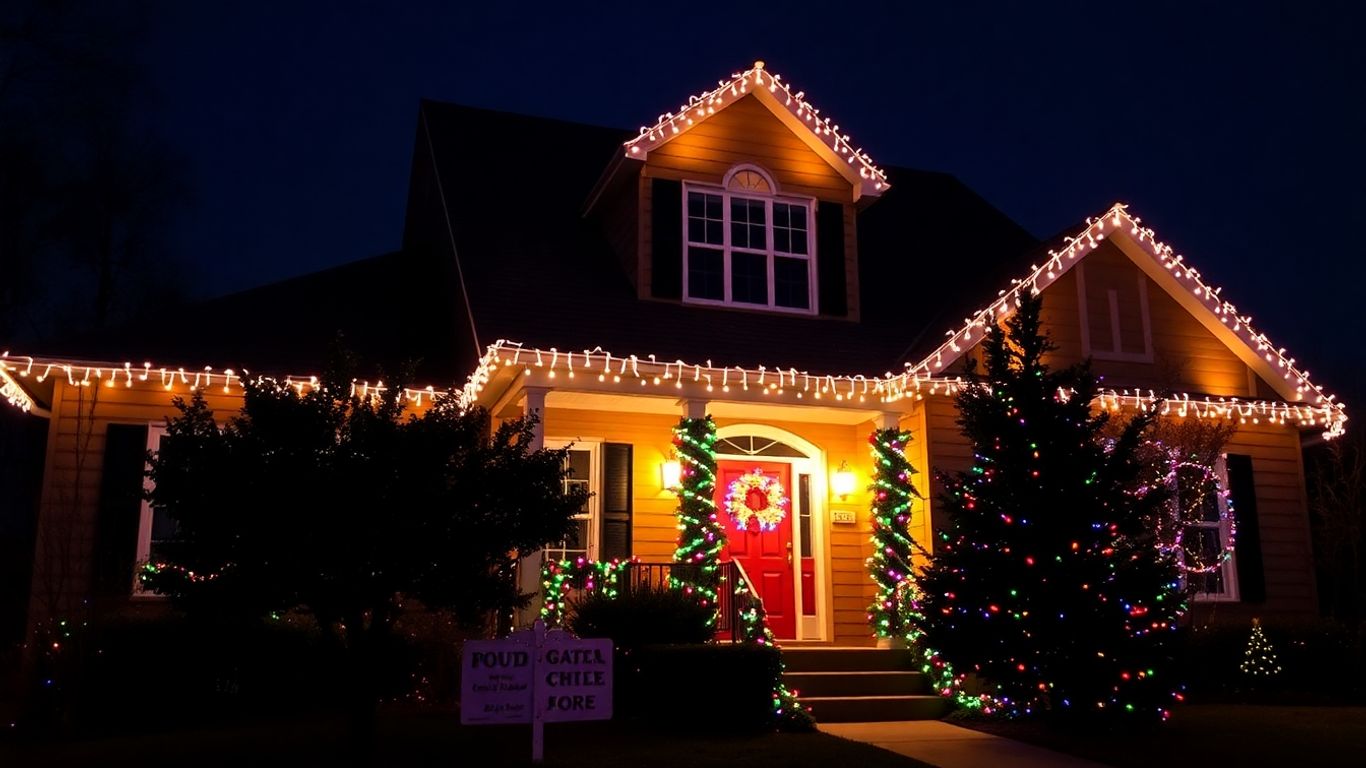 Professionally installed Christmas lights on a house exterior.