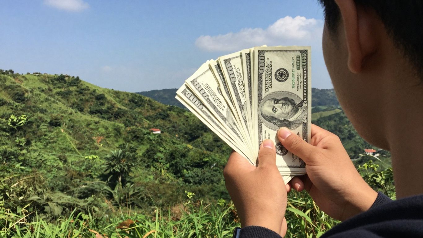 Person holding money, looking towards a bright future.
