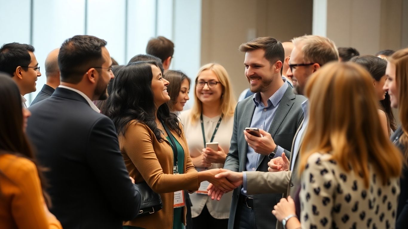 Personnes échangeant des cartes de visite lors d'un événement.