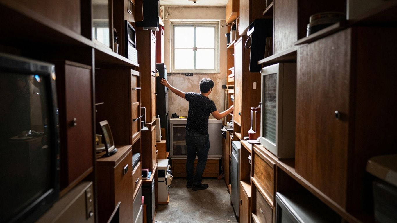 Cramped Hong Kong apartment interior with stacked furniture.