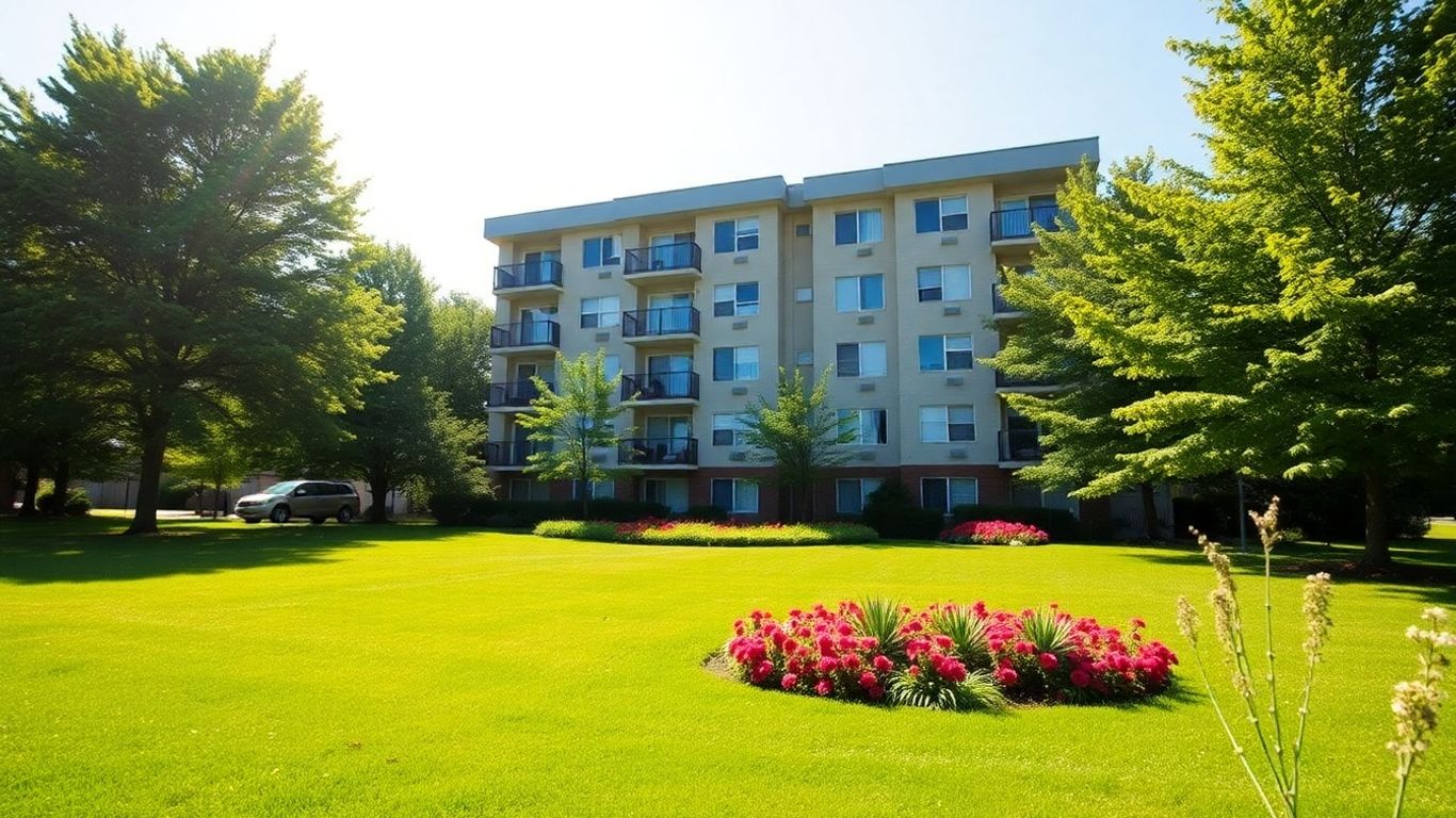 Edificio de apartamentos moderno con árboles verdes y flores.
