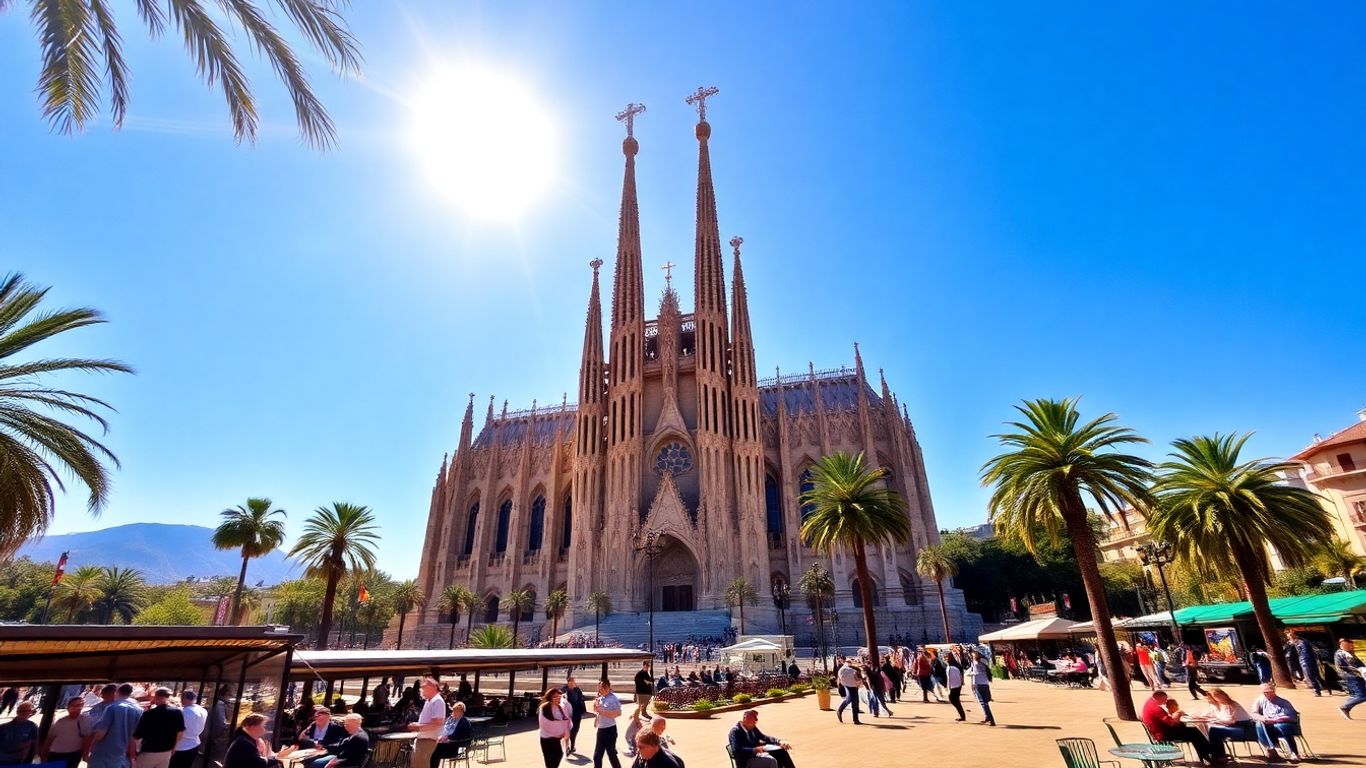 Sagrada Familia, Barcelona, Spain, with people enjoying outdoor cafes.