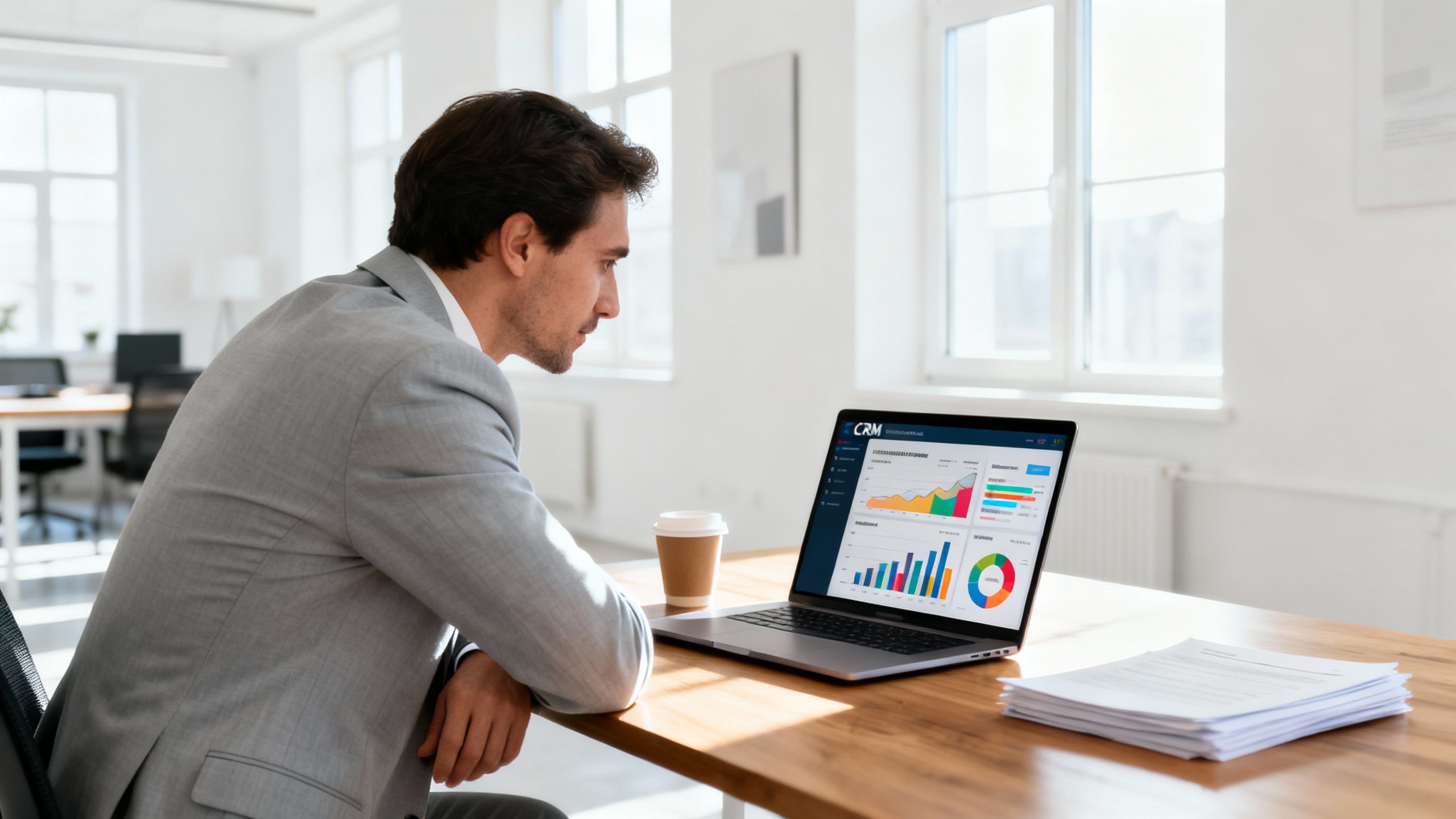 Business owner reviewing CRM dashboard in a bright modern office