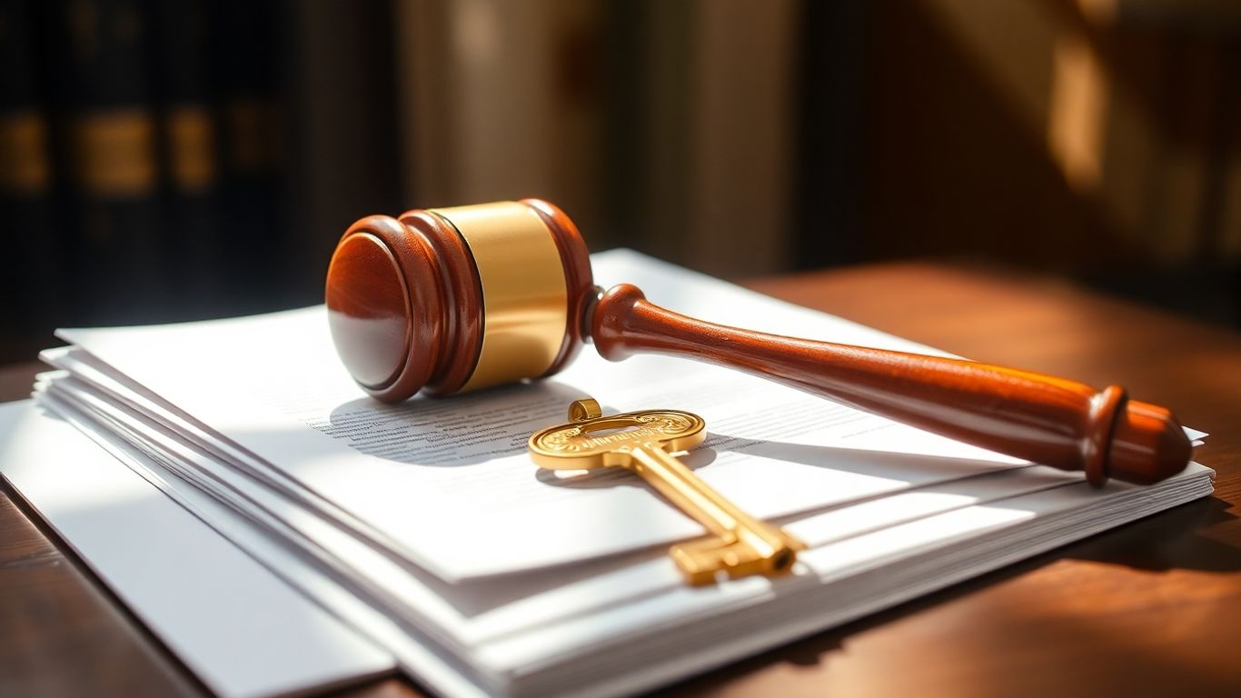 Gavel and key on legal documents.