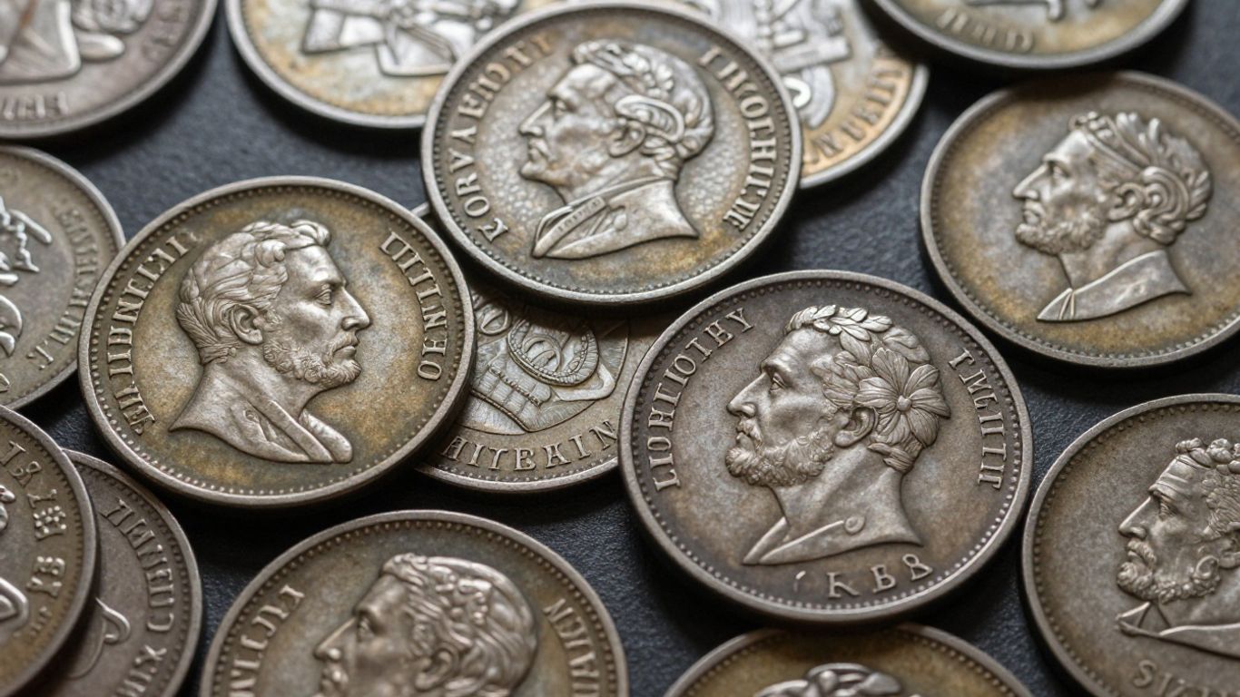 Collection of antique colonial coins with intricate details.