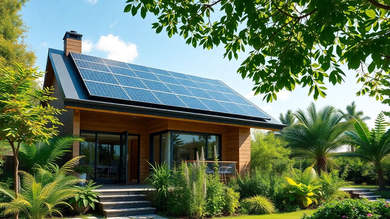 Casa ecologică modernă cu panouri solare și vegetație.