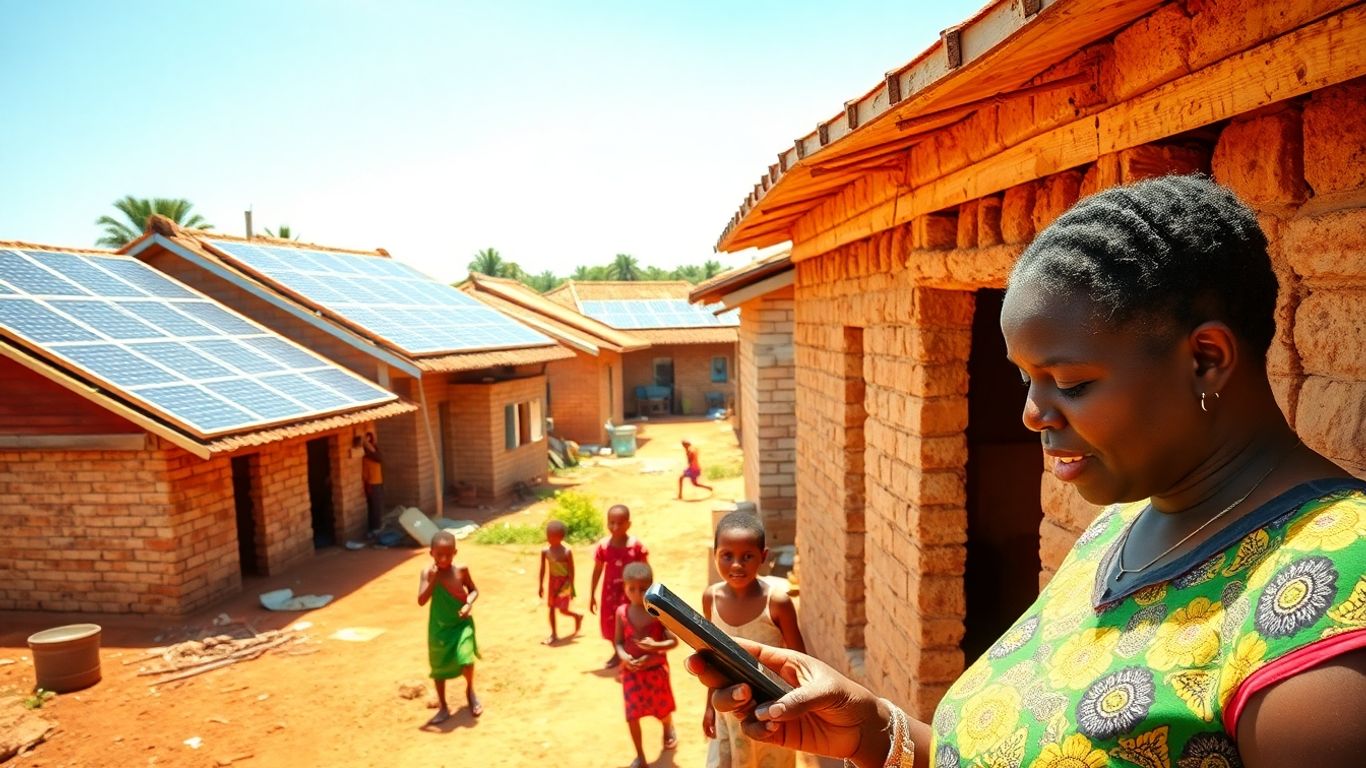 Village avec panneaux solaires et enfants jouant.